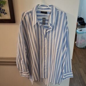 Lane Bryant Light Blue and White Vertical Stripe Button-Down Shirt